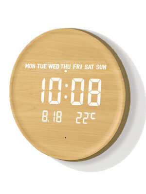 Smart Sensor Digital Wood Wall Clock, Round Wall & Desktop Clock with Easel Stand