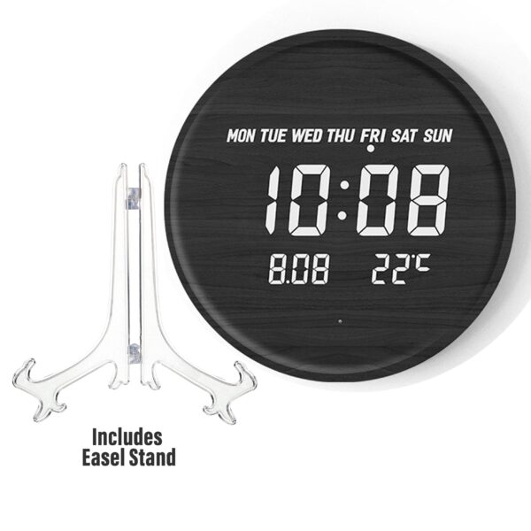 Smart Sensor Digital Wood Wall Clock, Round Wall & Desktop Clock with Easel Stand