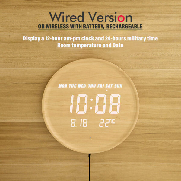 Smart Sensor Digital Wood Wall Clock, Round Wall & Desktop Clock with Easel Stand