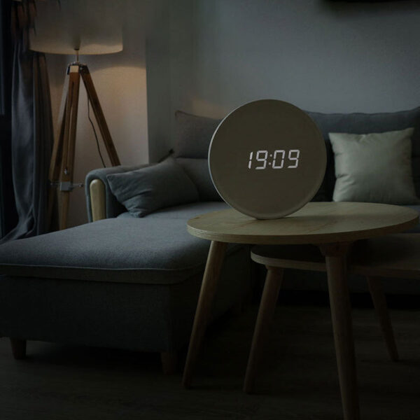 Smart Sensor Digital Wood Wall Clock, Round Wall & Desktop Clock with Easel Stand