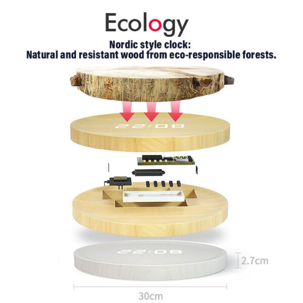 Smart Sensor Digital Wood Wall Clock, Round Wall & Desktop Clock with Easel Stand