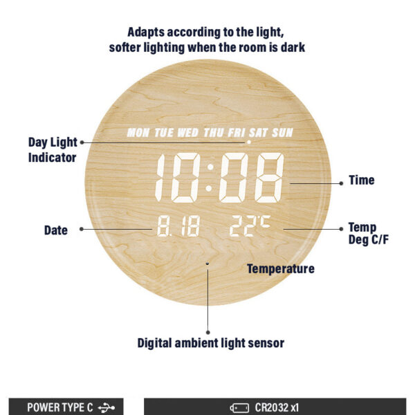 Smart Sensor Digital Wood Wall Clock, Round Wall & Desktop Clock with Easel Stand
